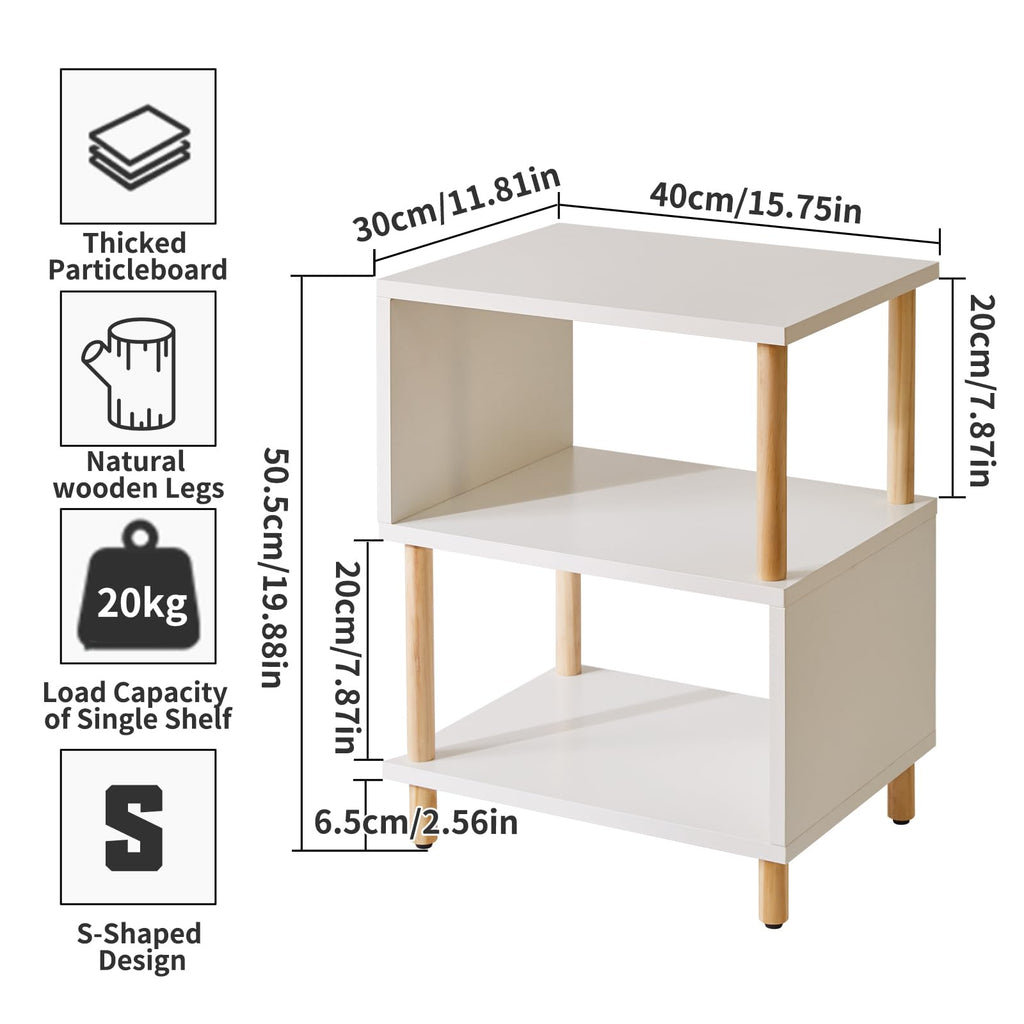 Aibiju Modern 3-Tier S-Shaped Side Table – White Nightstand with Wood Legs