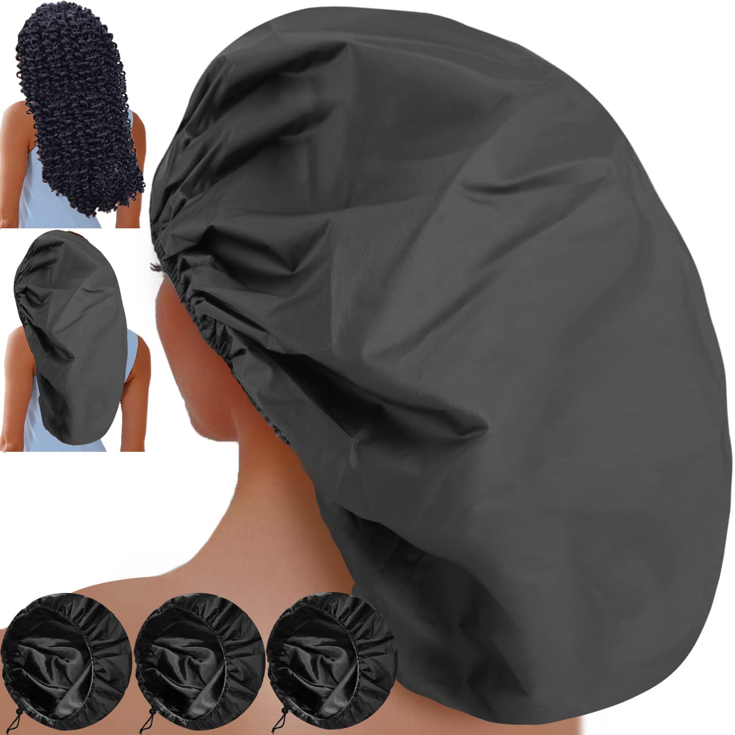 Sheomern 3-Pack Jumbo Satin Lined Shower Caps for Long Hair & Braids
