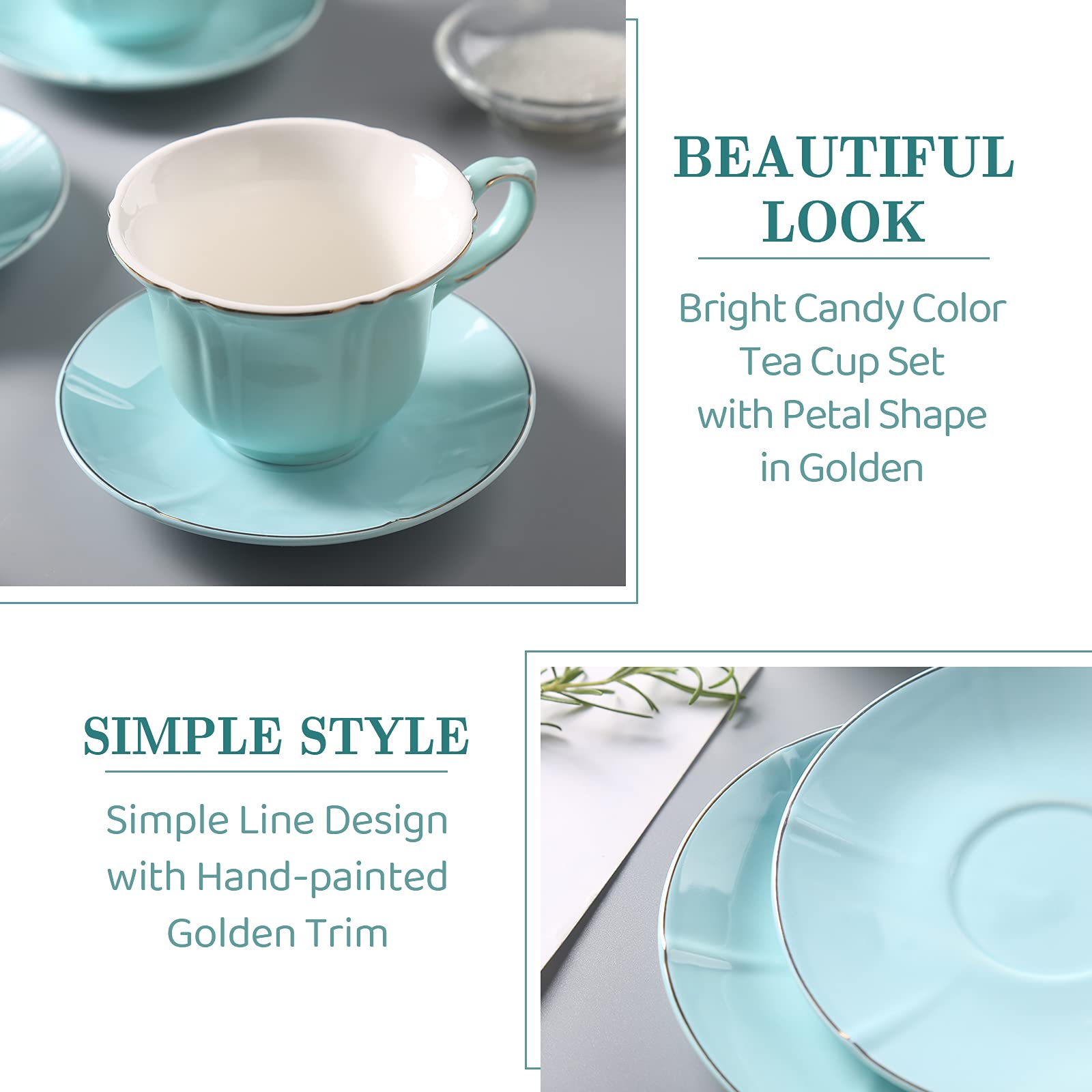 DUJUST Porcelain Tea Cups and Saucers Set of 4 with Stand - Nile Blue