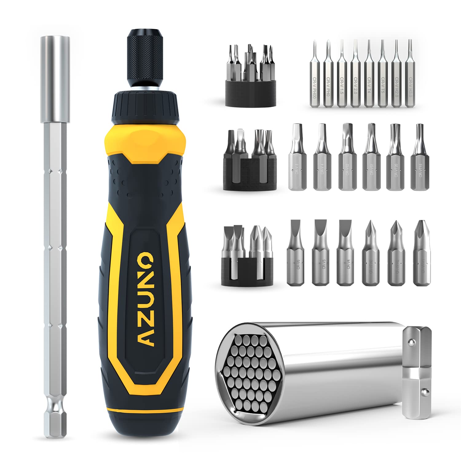AZUNO 24-in-1 Ratcheting Screwdriver Set with Universal Socket & CRV Bits
