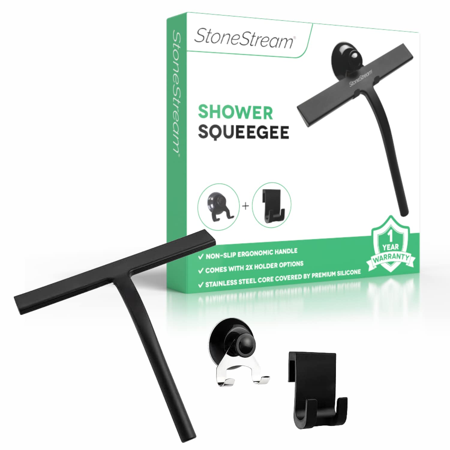 StoneStream Shower Squeegee – Matte Black Silicone & Stainless Steel
