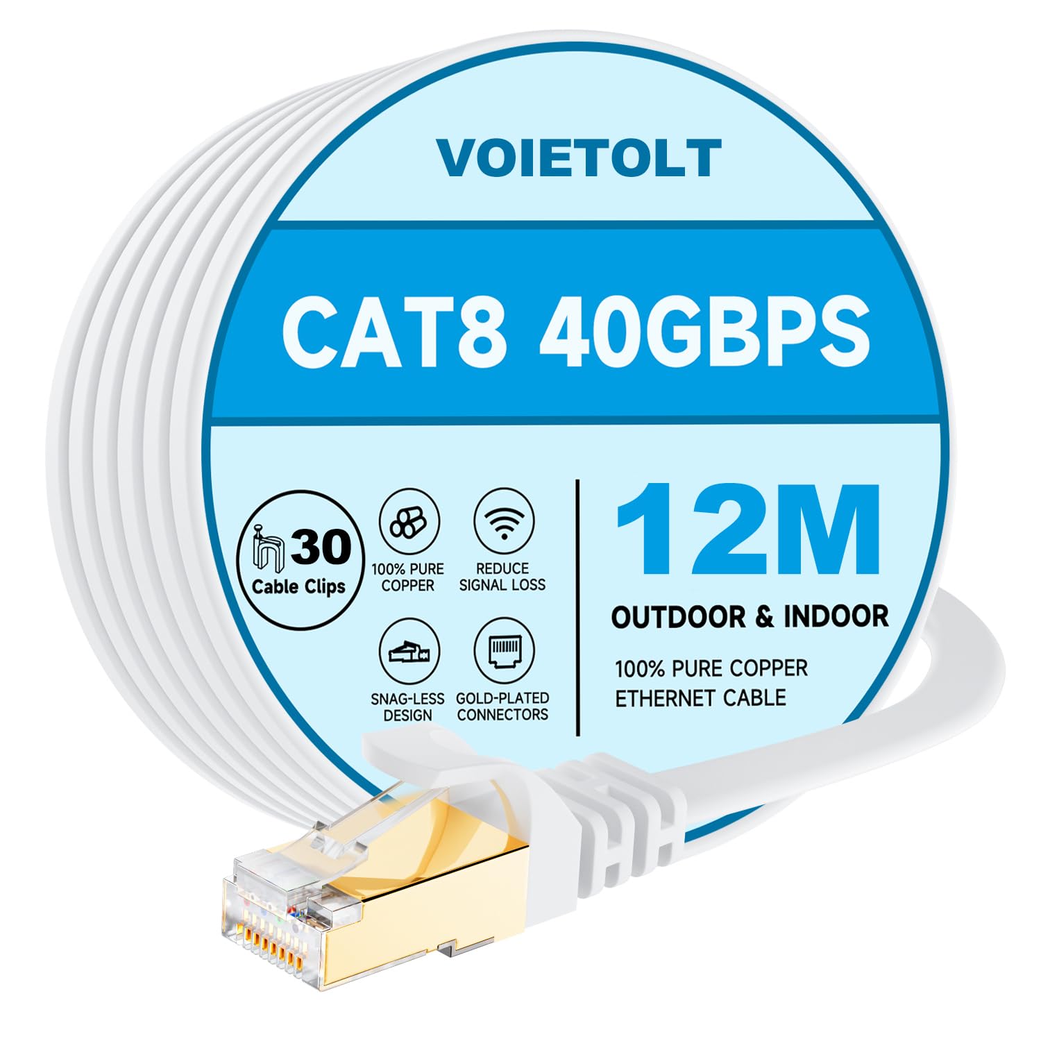 VOIETOLT Cat8 Ethernet Cable | 40Gbps 2000Mhz Flat Network LAN - 12M