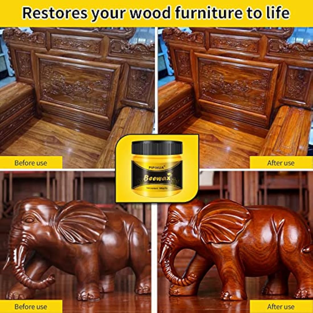 PIPIHUA Natural Beeswax Wood Polish - 4x100g Furniture Wax with 8 Sponges