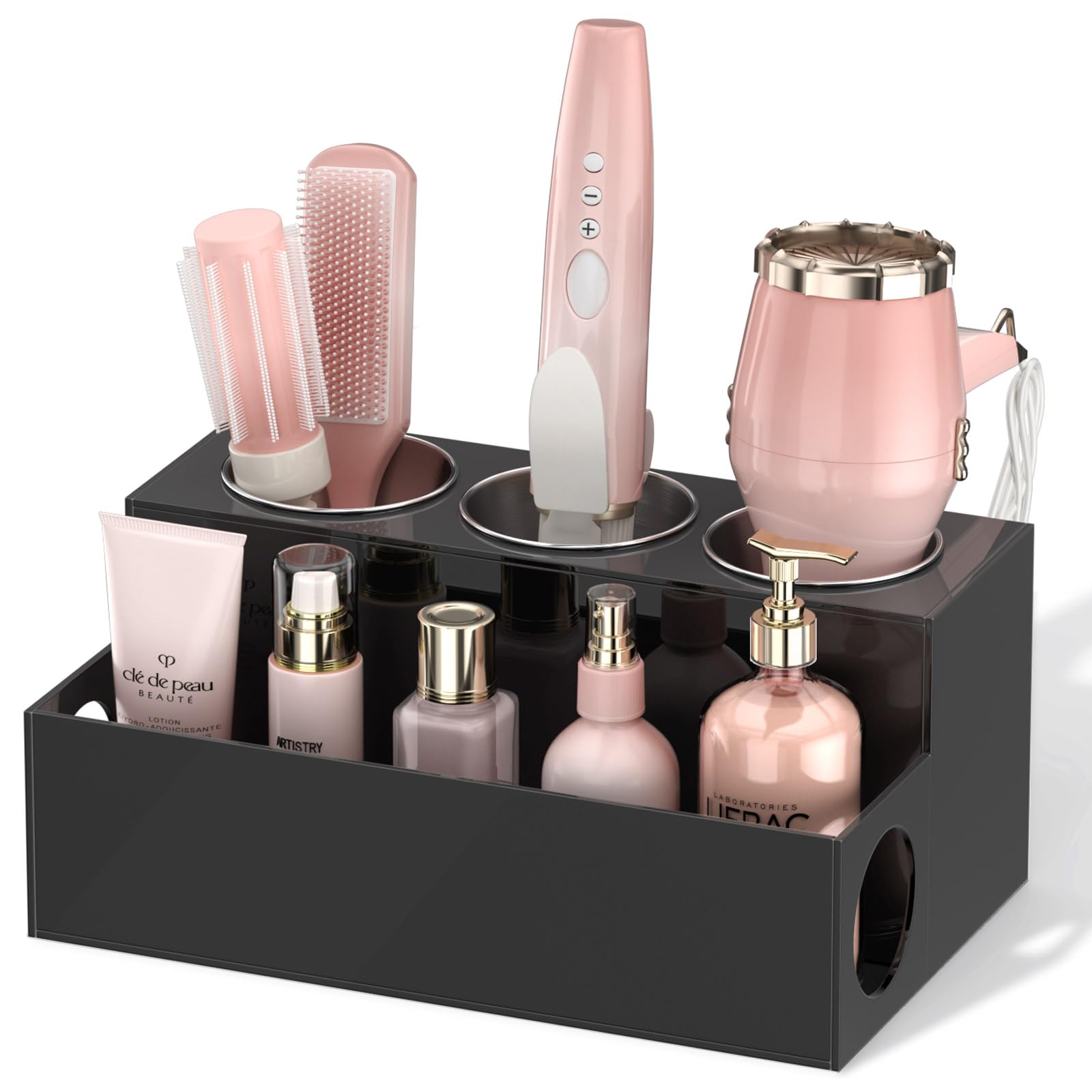 NIUBEE Hair Tool Organizer | Black Acrylic Blow Dryer Holder with 3 Steel Cups