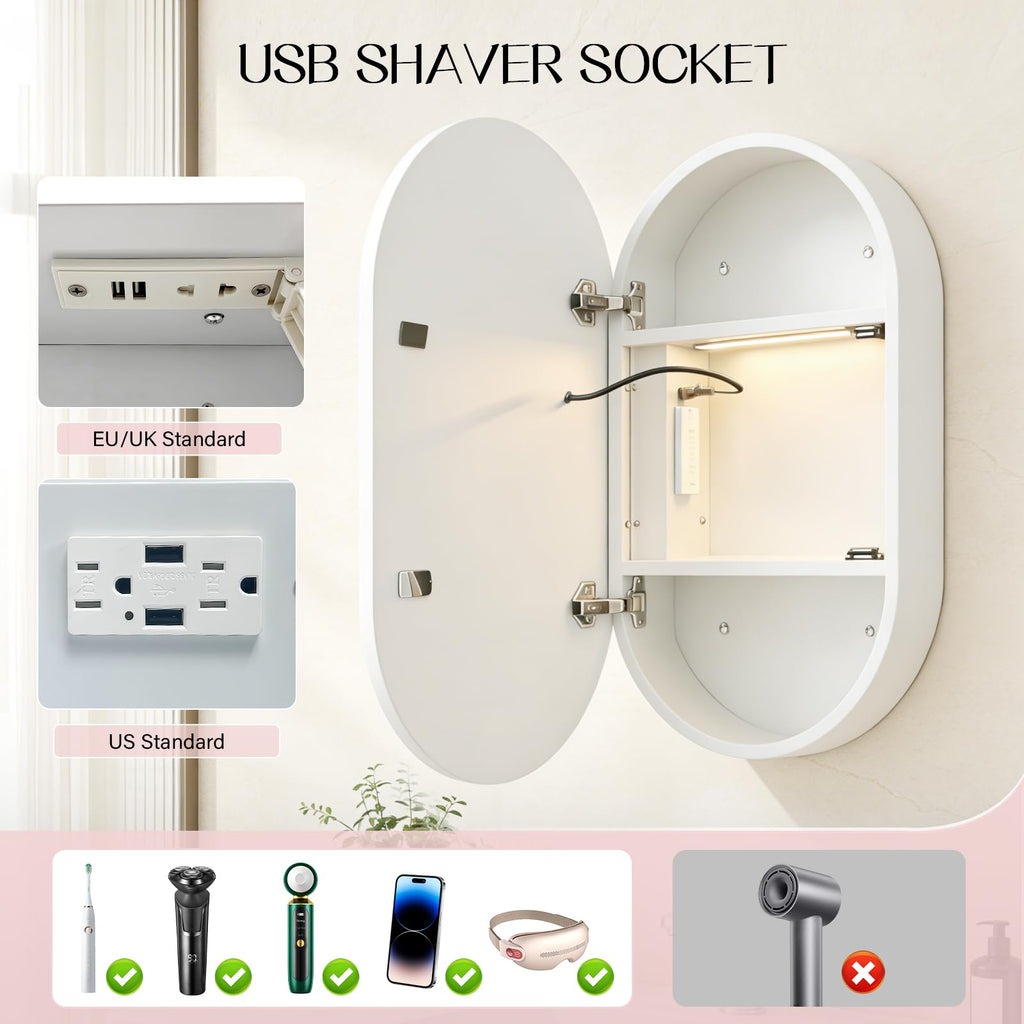 Janboe Oval Mirror Cabinet with Light,41×71cm,3 Colors&Dimmer,Defogger,Internal LIghting,Powerer Coating Iron,USB Shaver Socket,White - image 3