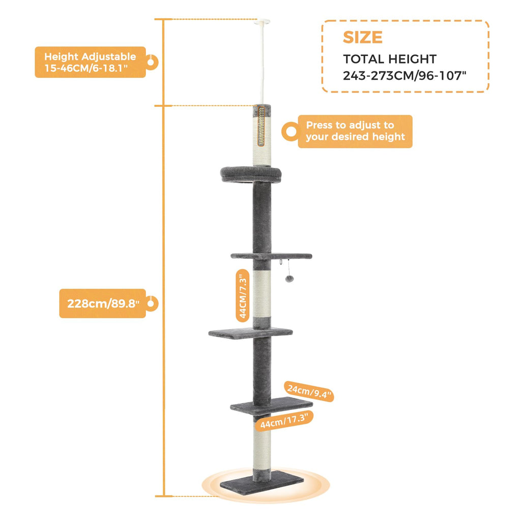 PAWZ Road 5-Tier Floor to Ceiling Cat Tree | Adjustable Height Tower - Grey