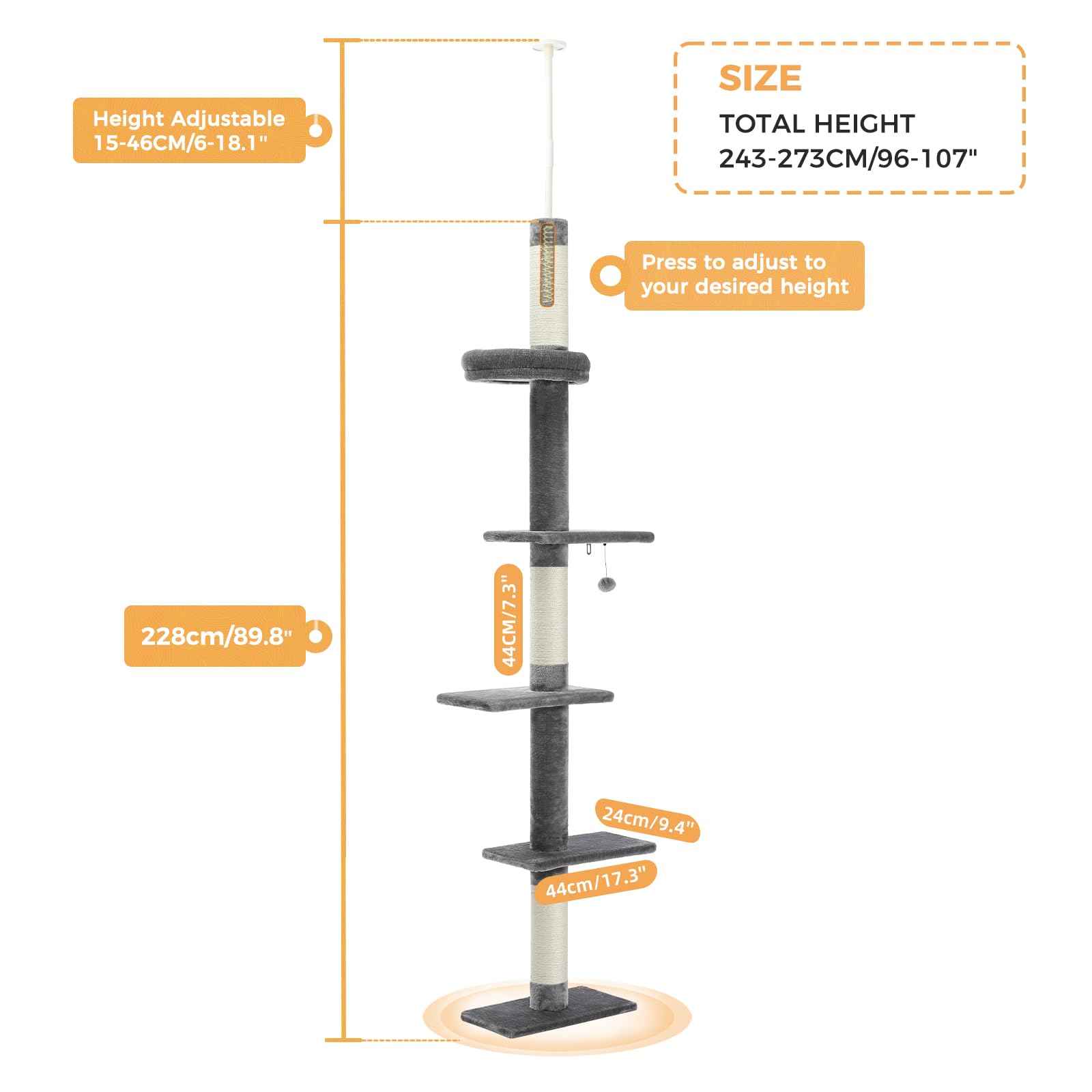 PAWZ Road 5-Tier Floor to Ceiling Cat Tree | Adjustable Height Tower - Grey