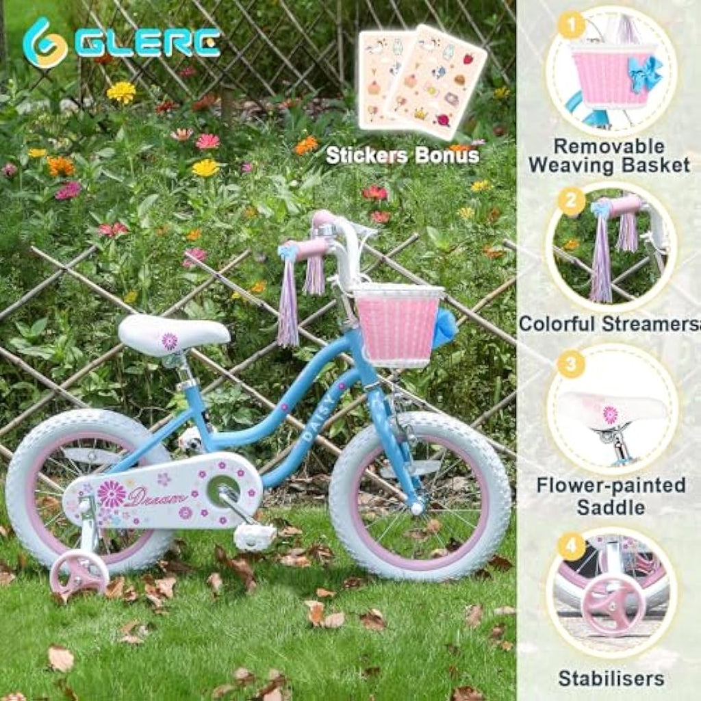 Glerc Daisy 12 Inch Girls Bike with Training Wheels and Basket - Blue