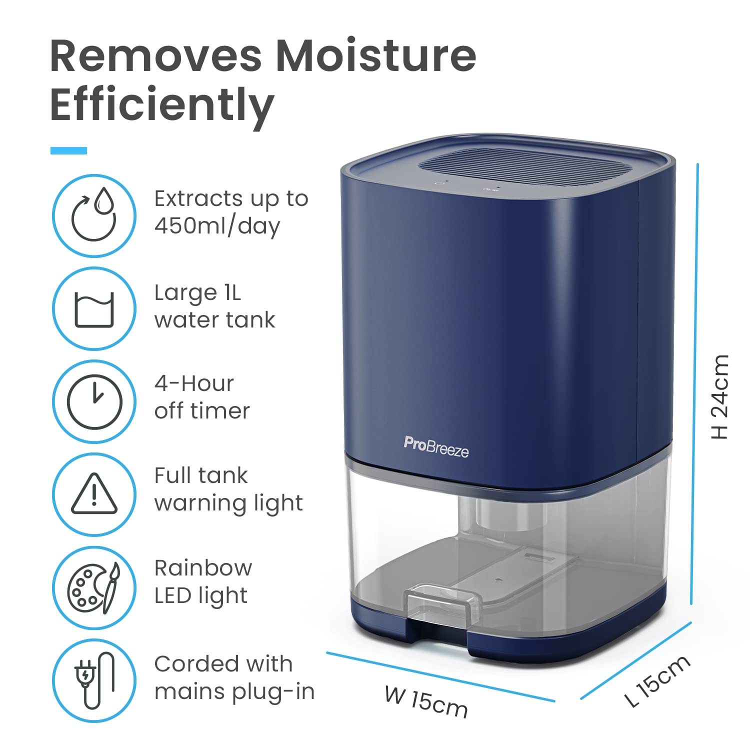 Pro Breeze 1000ml Dehumidifier – Quiet Portable Air Moisture Absorber