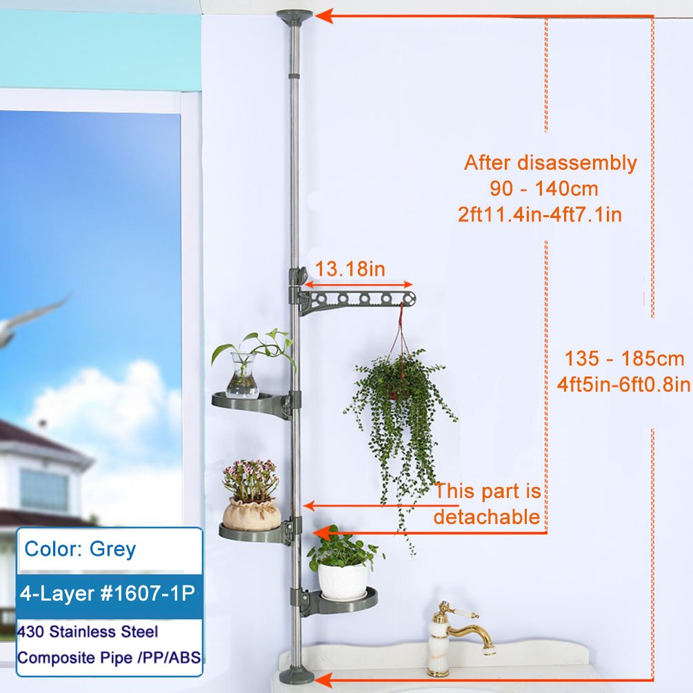 BAOYOUNI Tension Rod Plant Stand – Adjustable Window Flower Rack with 3 Trays