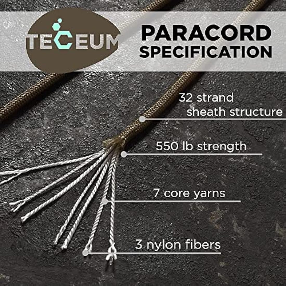 TECEUM 550lb Paracord – 4mm Nylon Tactical Survival Rope for Camping