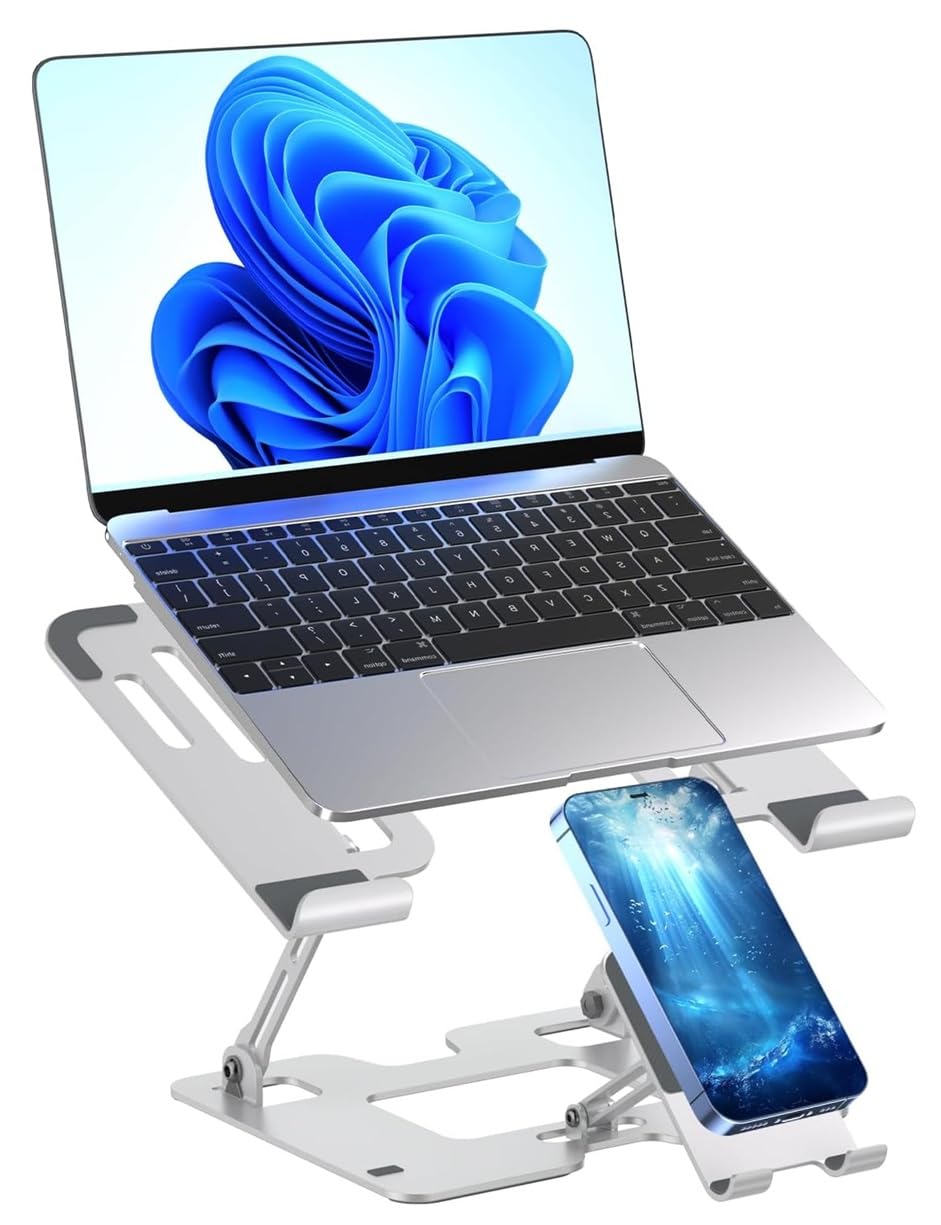 Omana Ergonomic 2-in-1 Laptop Stand with Phone Holder for Desk, Adjustable Riser, Sturdy and Portable, Fits All Laptops and Phone Silver - image 1