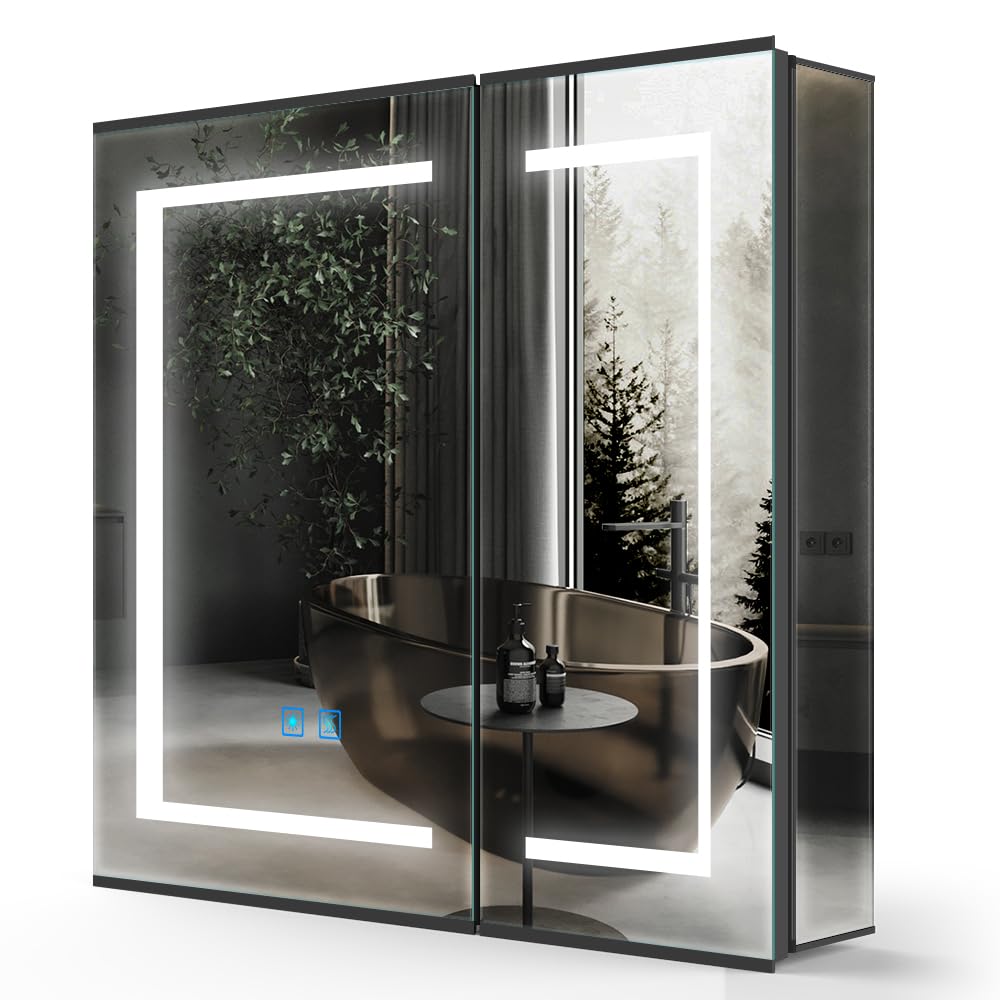 LUMIRRORS LED Bathroom Mirror Cabinet | Anti-Fog & Shaver Socket | Matt Black
