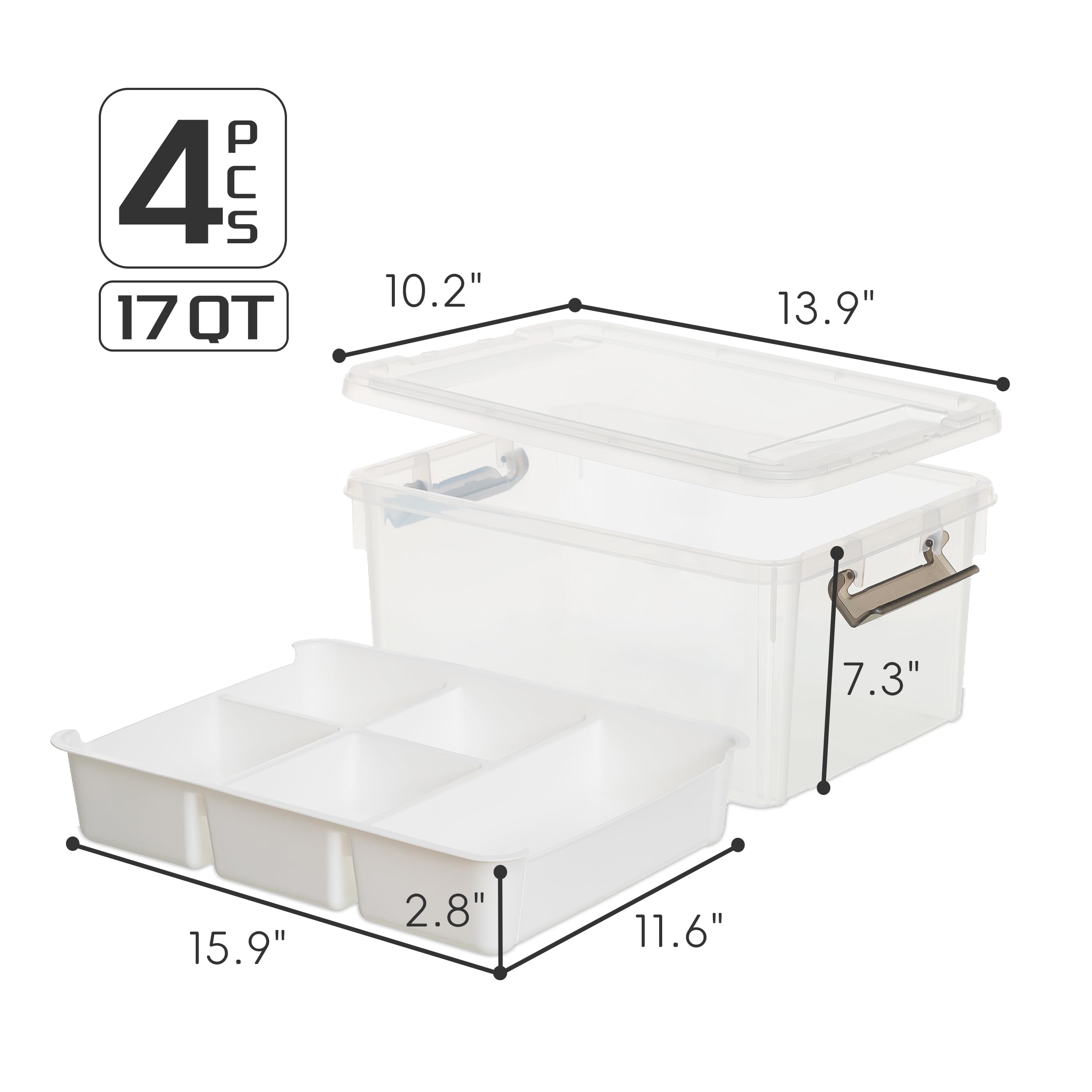 Citylife 16L Clear Plastic Storage Boxes with Removable Tray – 4 Pack