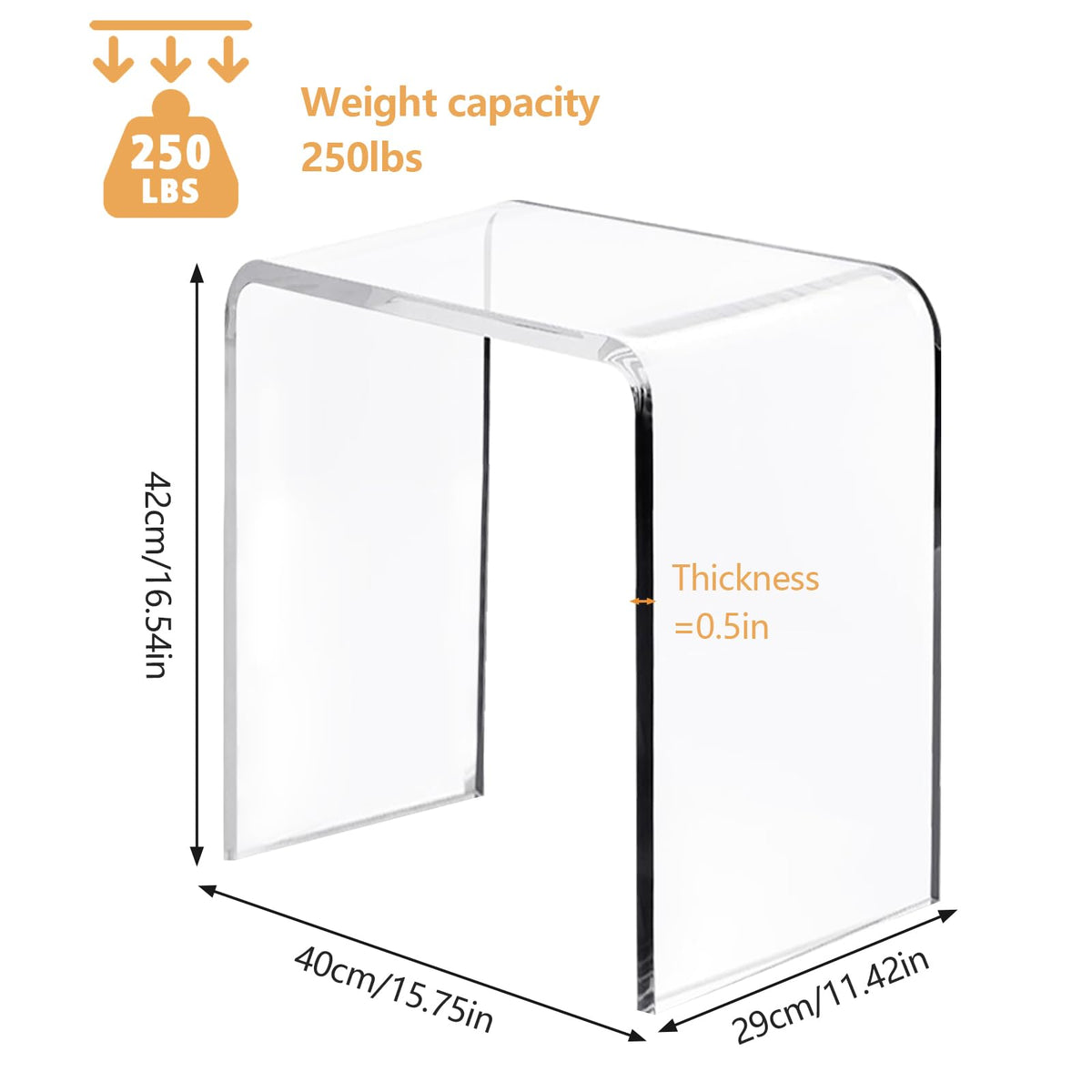 Clear Acrylic U Shaped End Table, Transparent Perspex Plastic Shower Stool, Stylish Modern Coffee Table with Rounded Edges - image 2