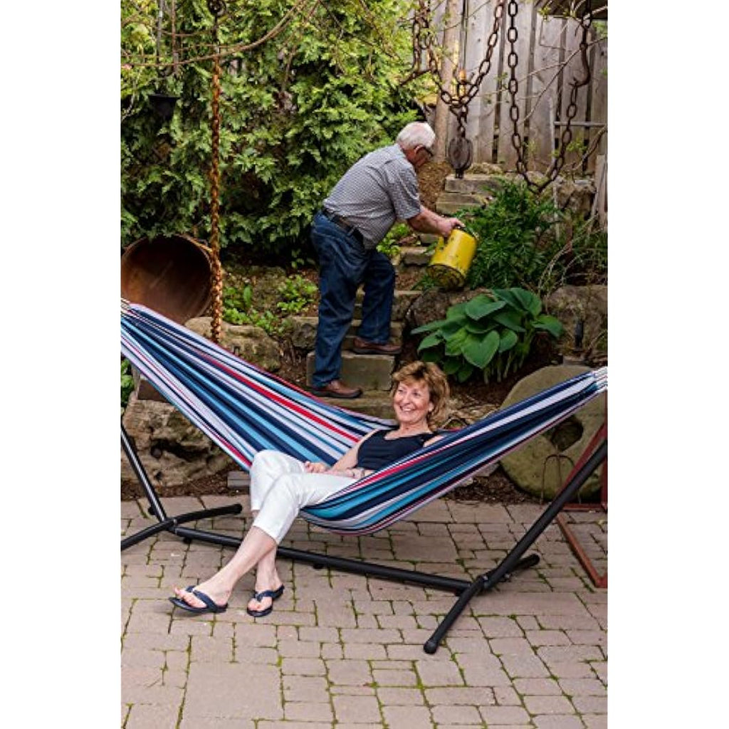 Vivere Double Cotton Hammock with Space-Saving Steel Stand – Denim