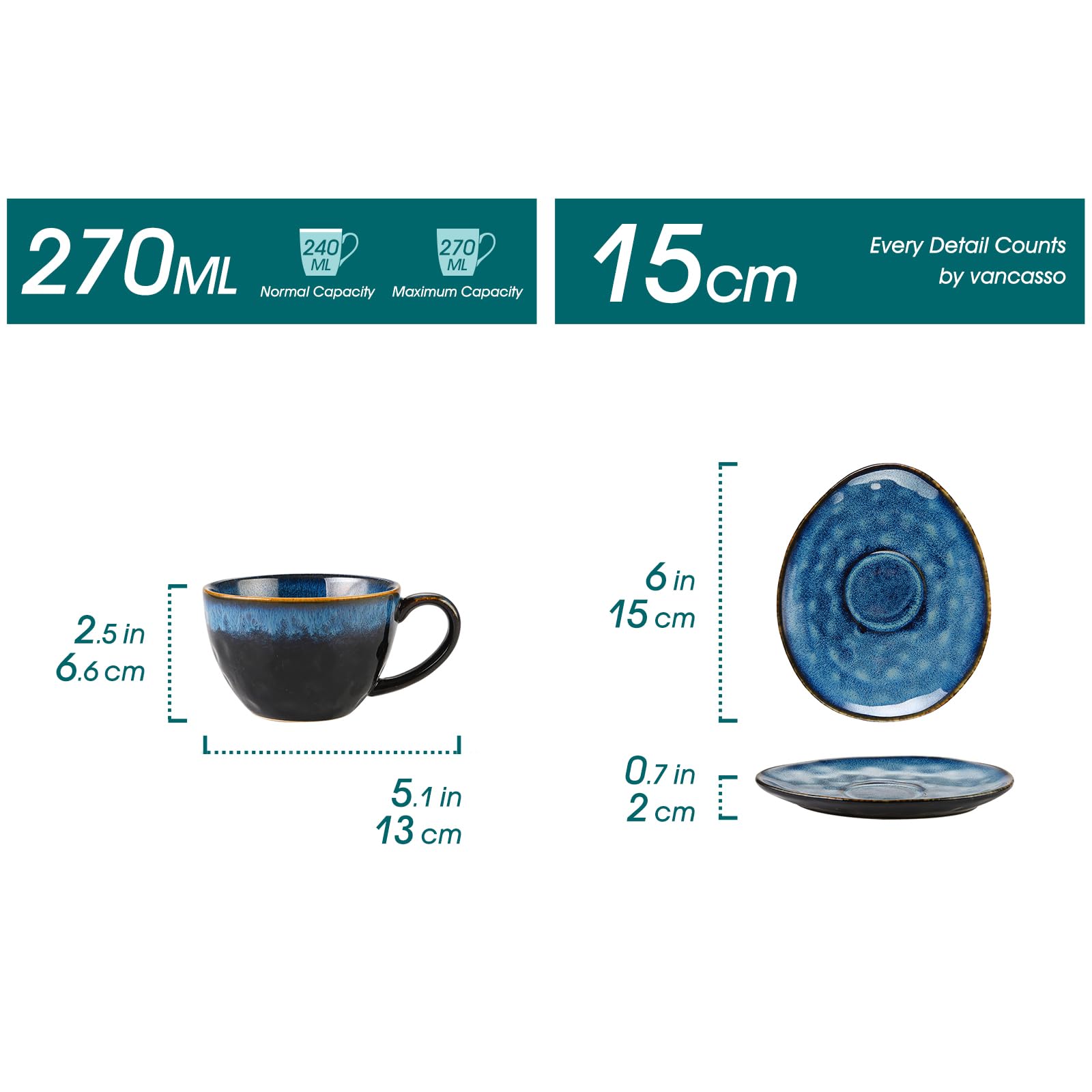 vancasso Starry Ceramic Coffee Cup and Saucer Set - 4 Piece Stoneware, 270ml
