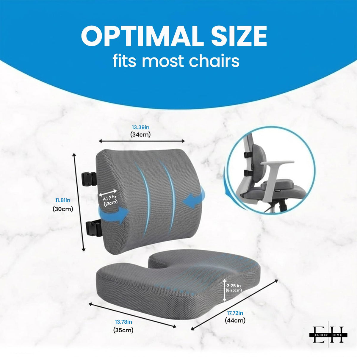 ELIXIR HIVE 2-Piece Orthopaedic Memory Foam Cushion Set – Coccyx & Sciatica Support Grey