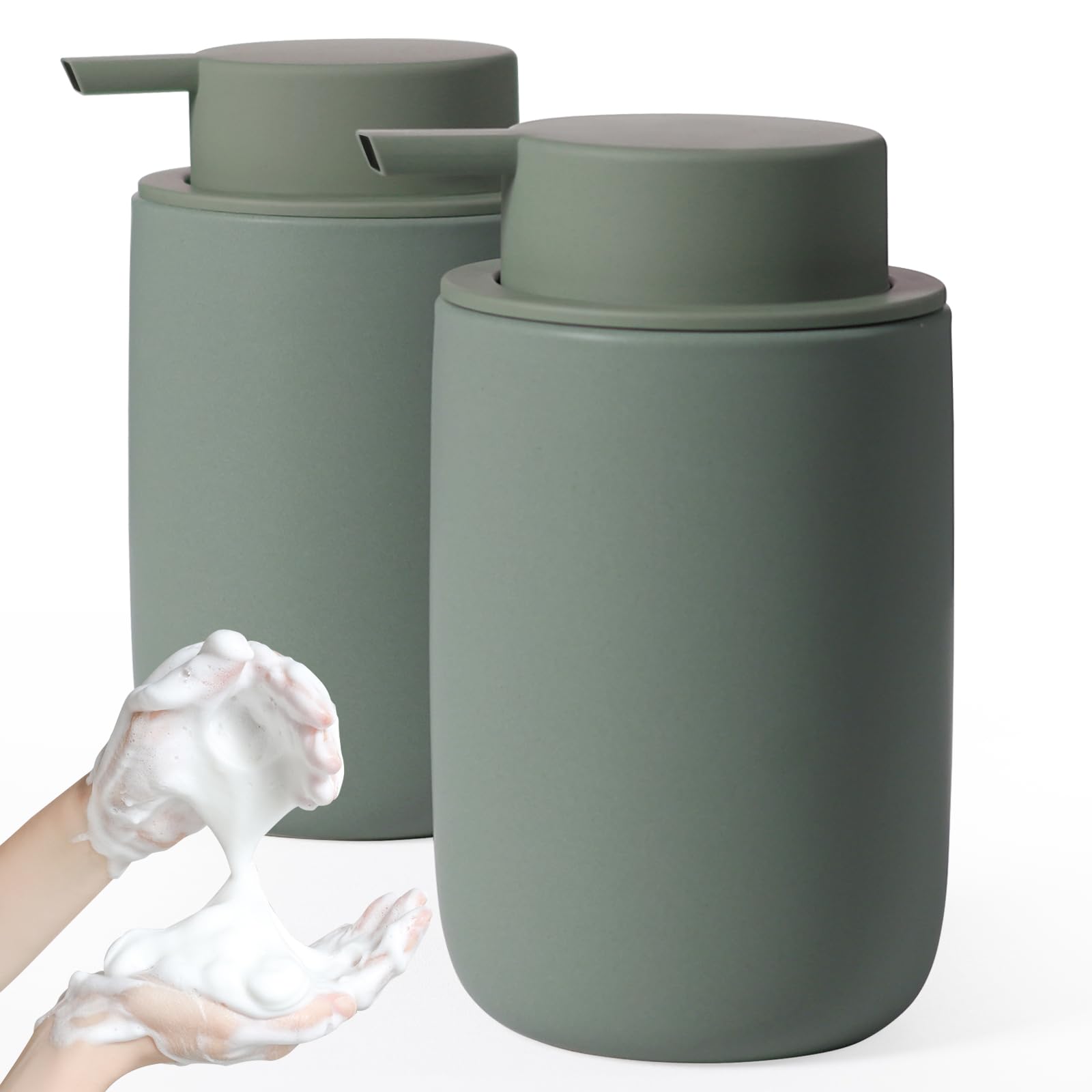 Autumnlife 2-Piece Ceramic Foam Soap Dispenser Set - Matt Green, 350ml