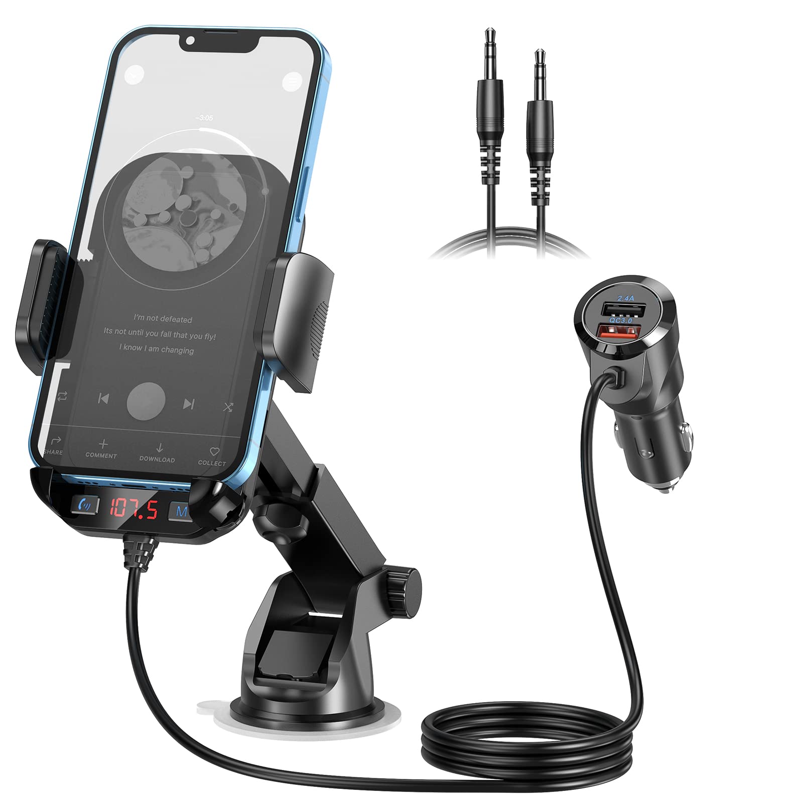 3-in-1 Bluetooth FM Transmitter with Phone Holder & QC3.0