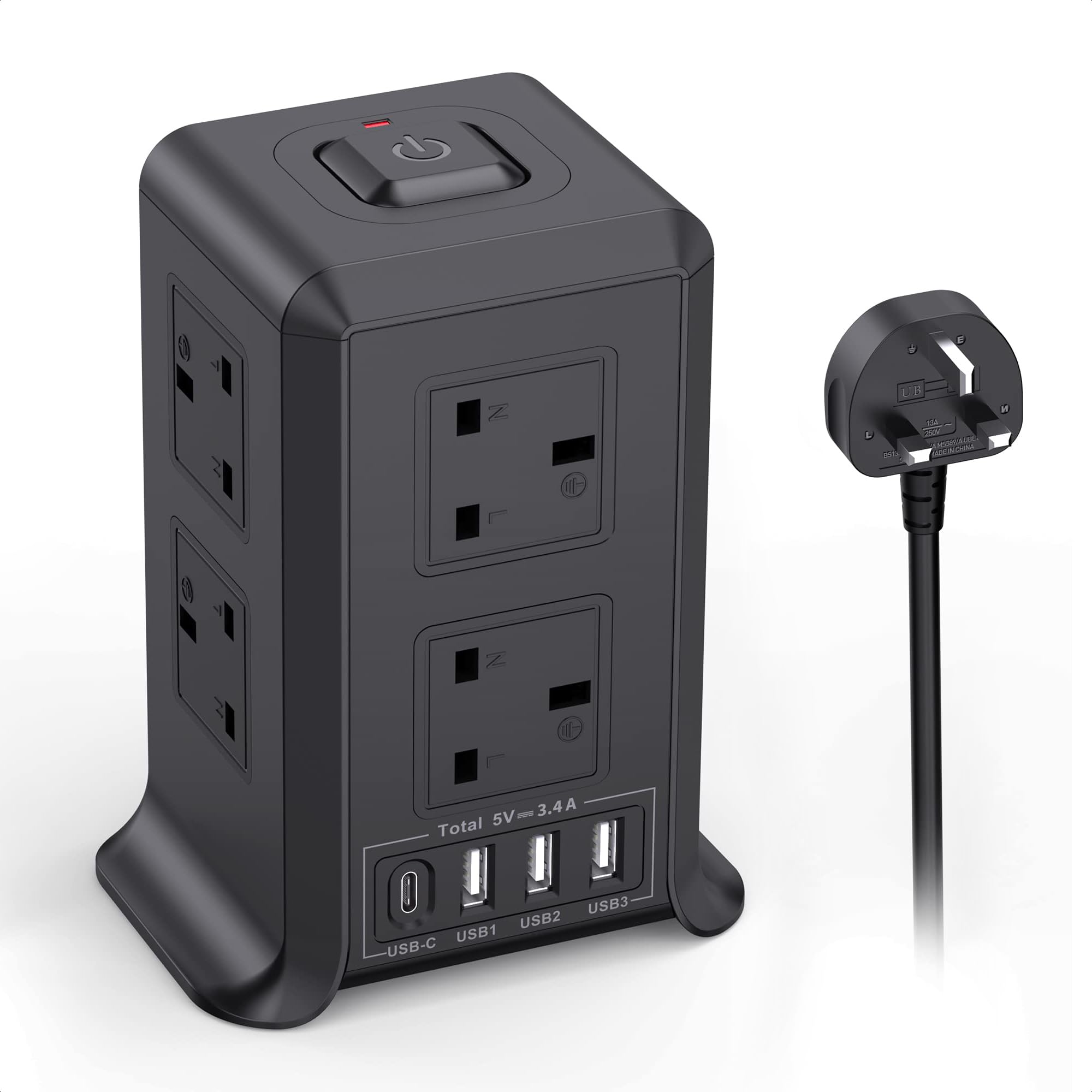 Jolof Store 8-Way Tower Extension Lead with 4 USB Slots – 5M Surge Protected
