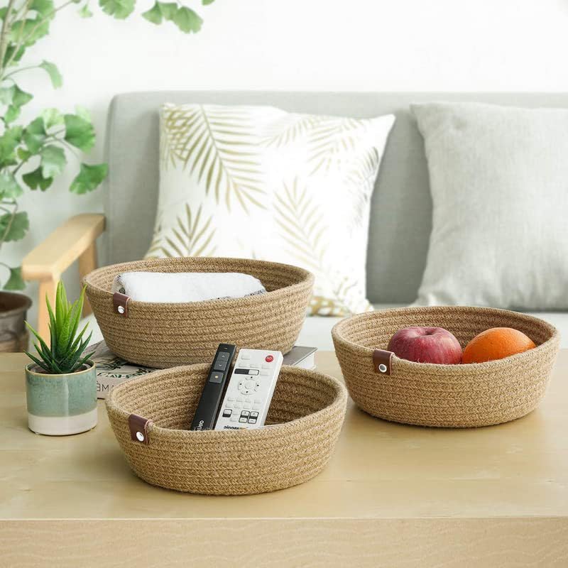 Set of 3 Cotton Rope Storage Baskets - Small White Organizers for Bathroom, Nursery & Home, Handmade Woven White