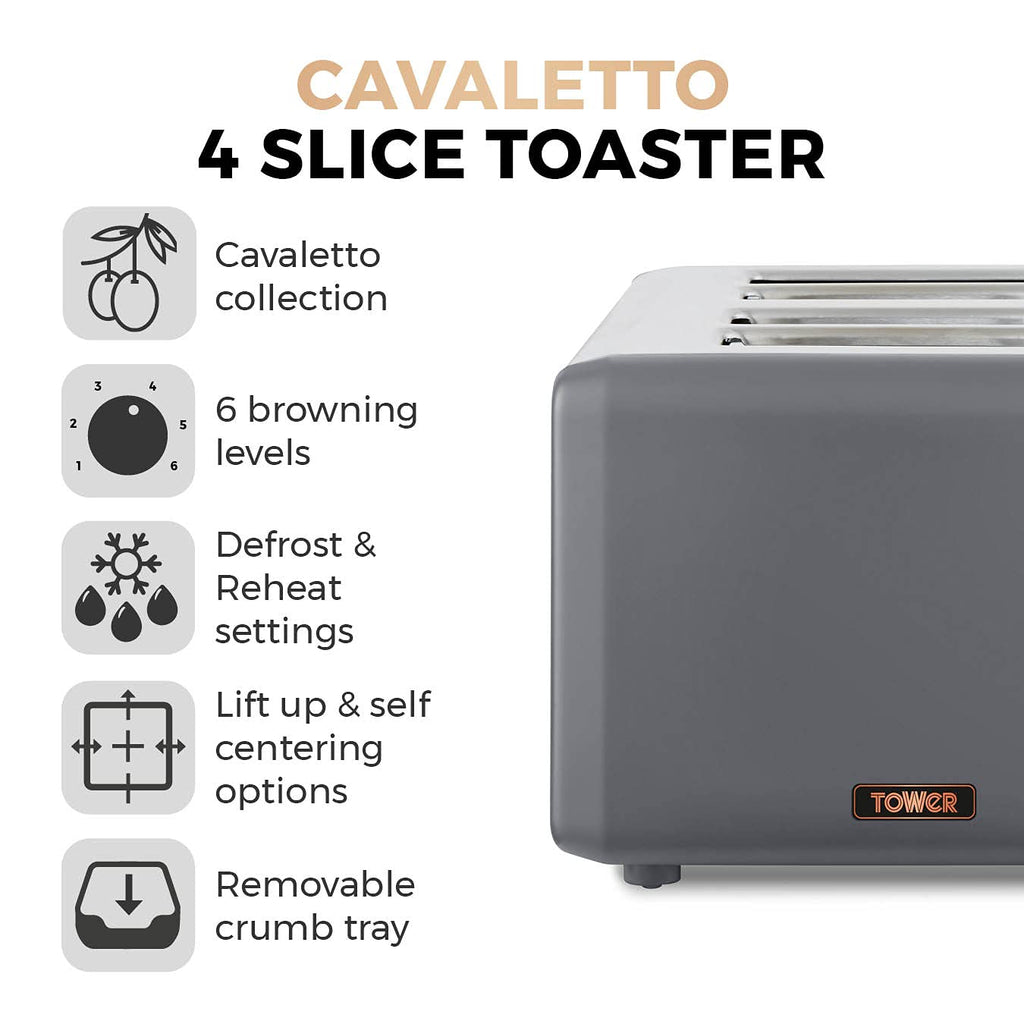 Tower Cavaletto 4-Slice Toaster | 1800W Stainless Steel | Grey & Rose Gold