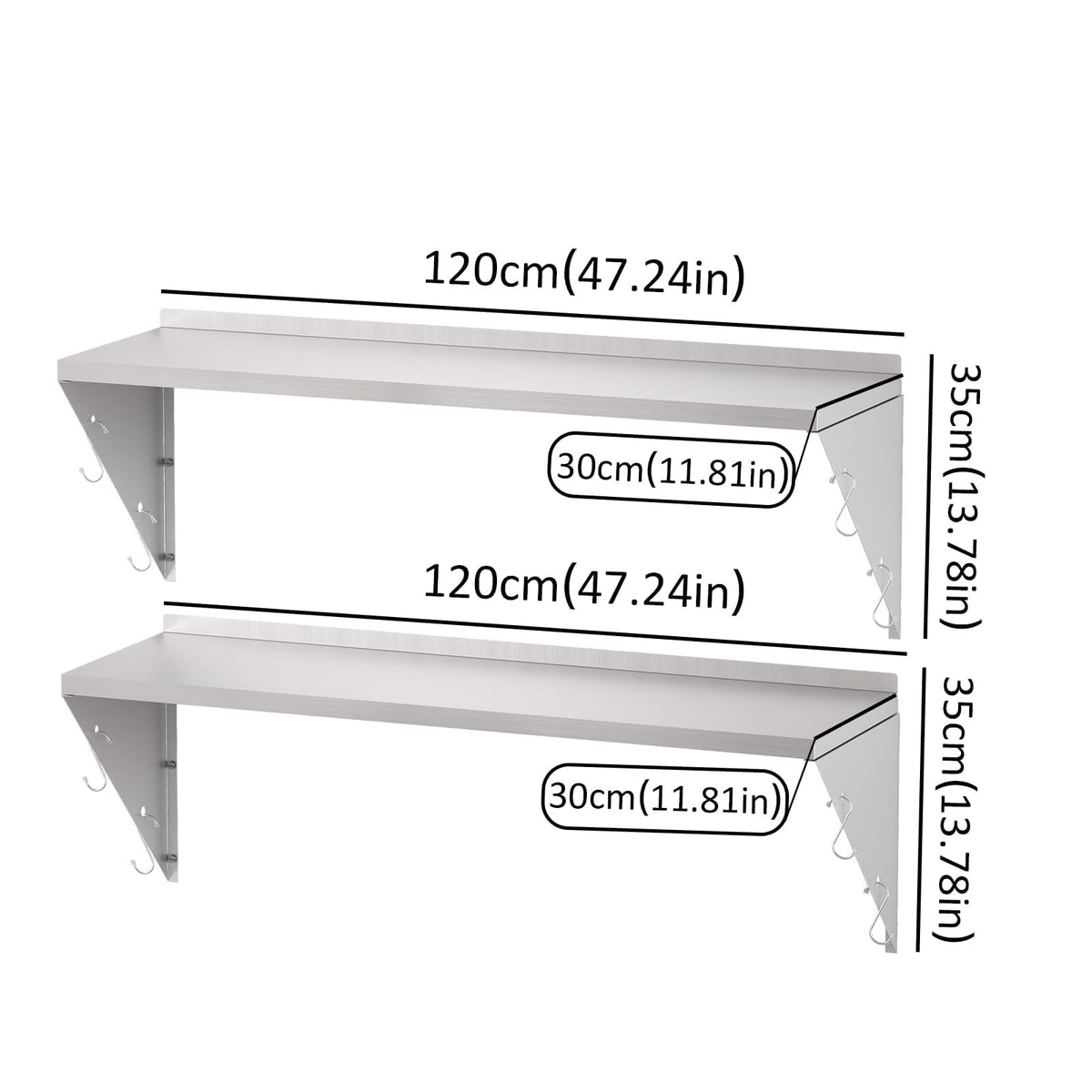 TAIMIKO Stainless Steel Wall Shelf 120x30cm 2PCS