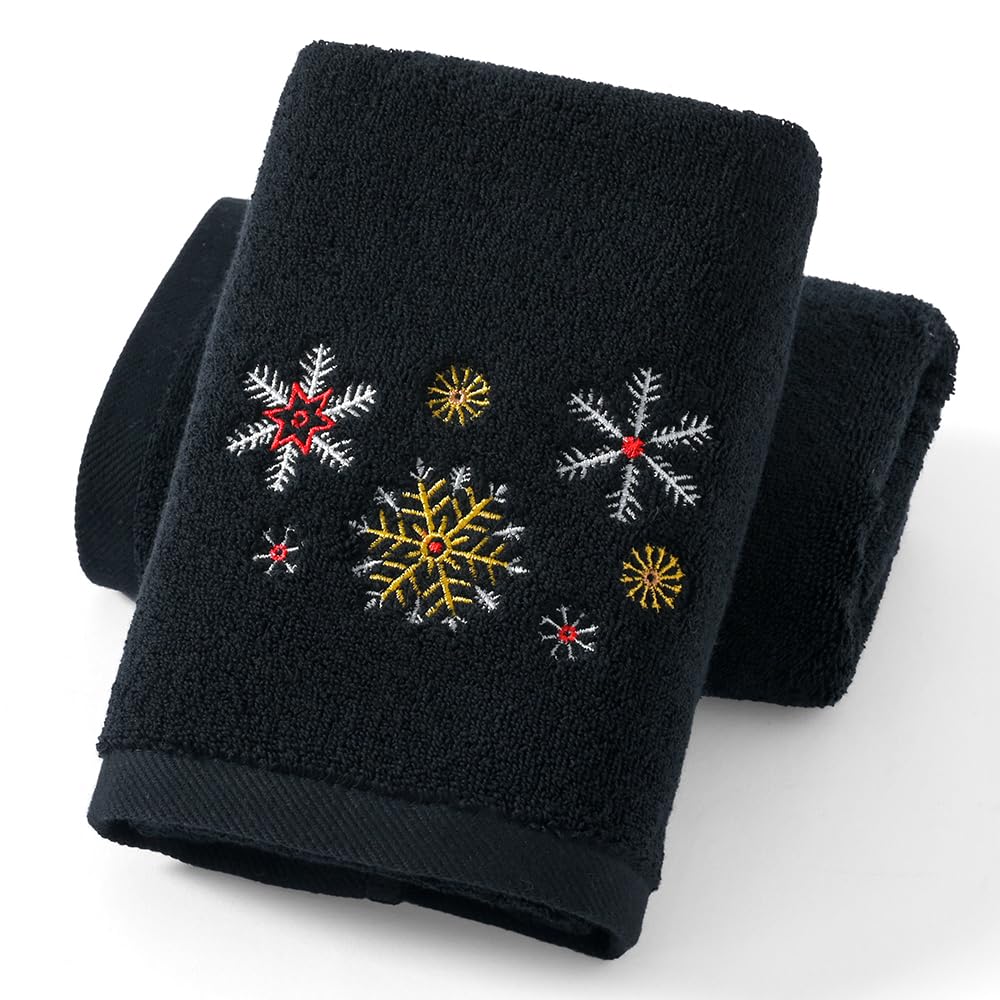 Black Cotton Hand Towels | Set of 2 Snow Embroidered