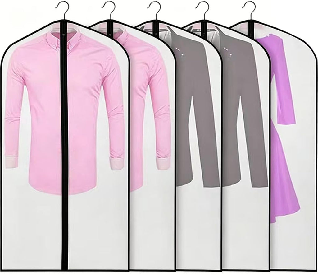 Semi-transparent Garment Bags 60×100cm, Mothproof Waterproof Breathable Full Zipper Dust Cover for Clothes Storage, 5 Pack Black