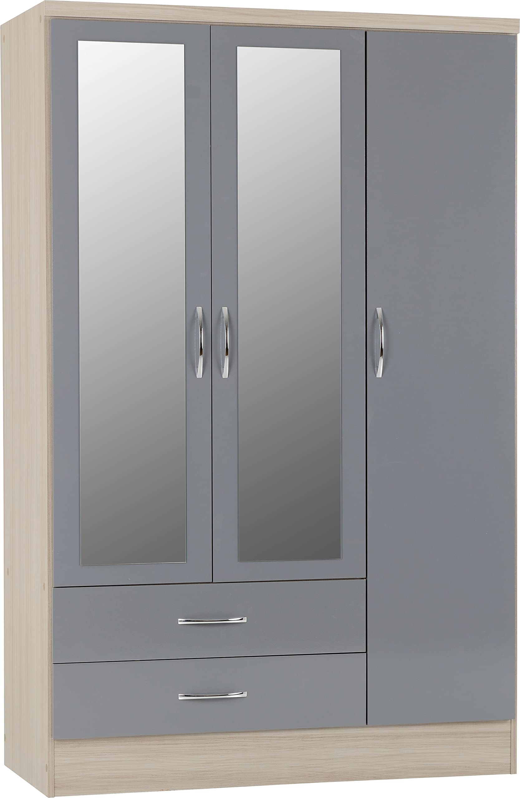 Seconique Nevada 3 Door 2 Drawer Mirrored Wardrobe - Grey & Oak