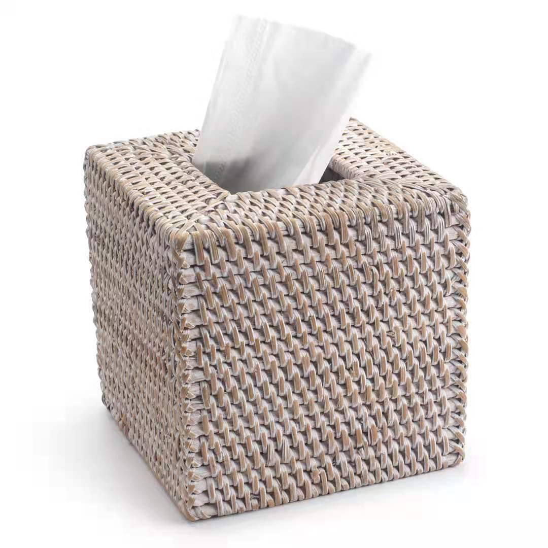 YANGQIHOME Rattan Tissue Box Cover – Square Wicker Holder, Whitewash