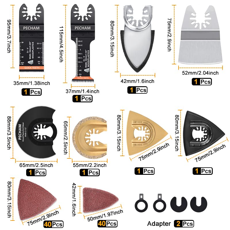 PECHAM 102PCS Oscillating Multitool Blade Kit | Titanium Wood Metal Blades