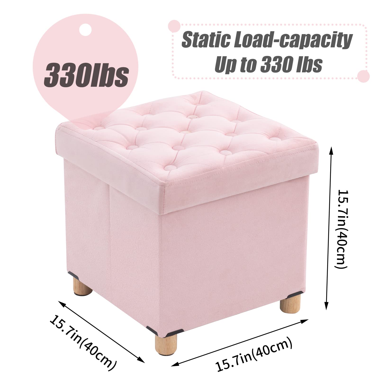 BRIAN & DANY Pink Velvet Folding Storage Ottoman with Wood Legs