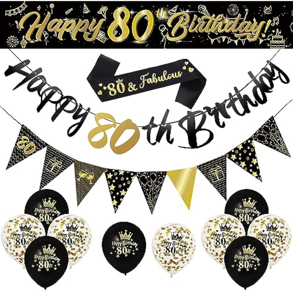 80th Birthday Decorations Kit - 14pc Gold & Black Party Set