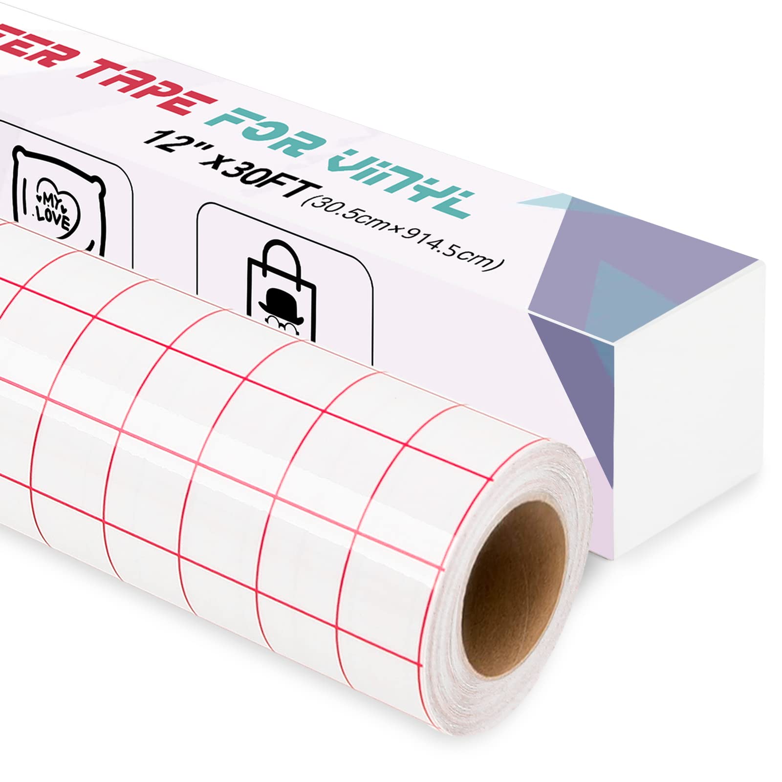 IModeur Transfer Tape for Vinyl | 12" x 30Ft Clear Roll with Red Grid