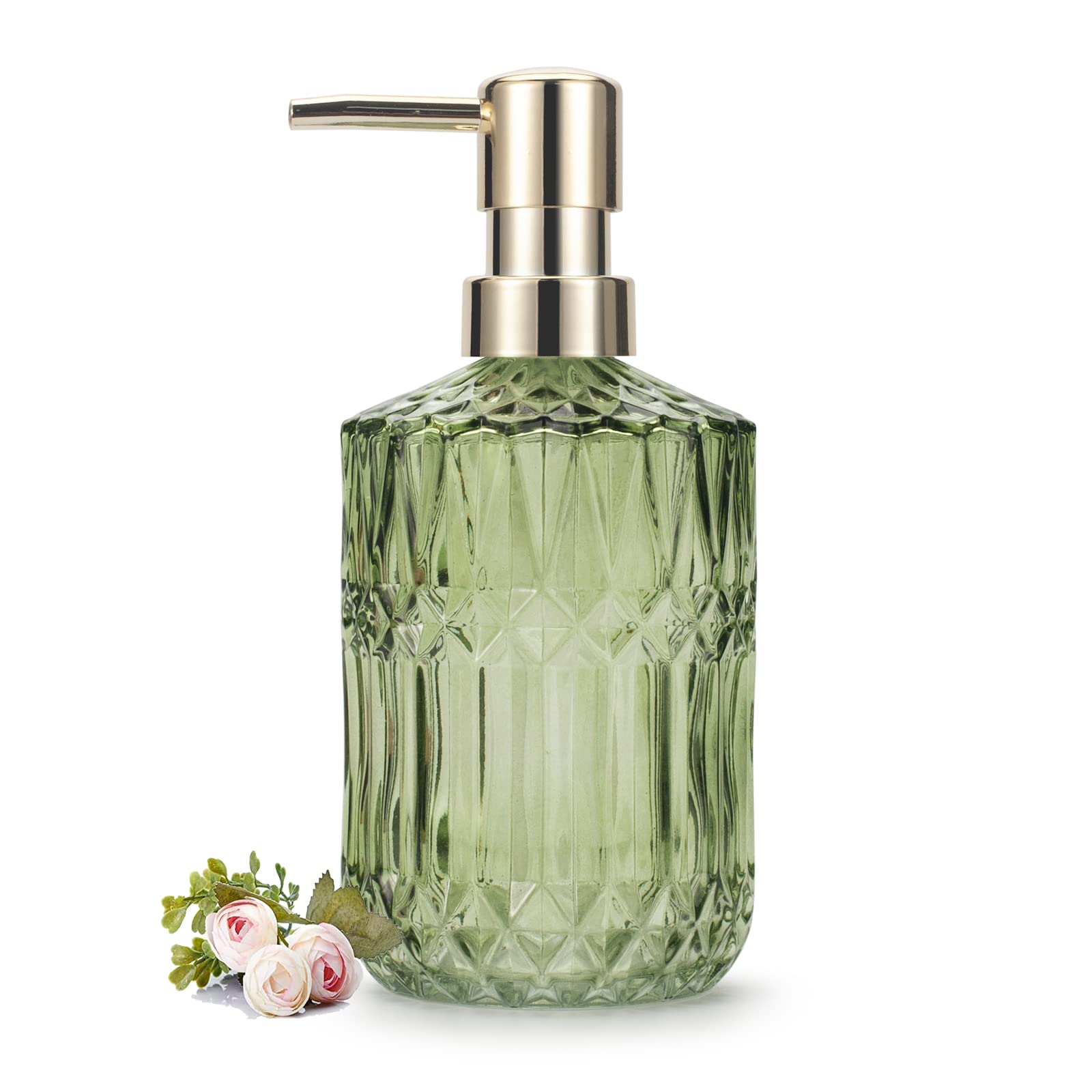 Jolof Store Glass Soap Dispenser – 12oz Vintage Green & Gold Pump