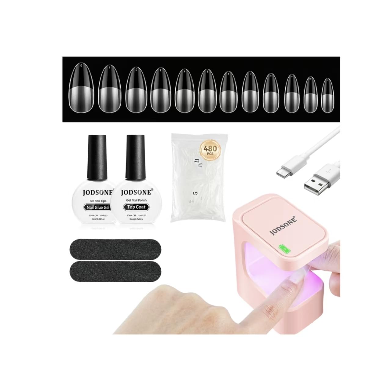 JODSONE Gel Nail Kit – Mini UV LED Lamp with 480 Short Teardrop Tips