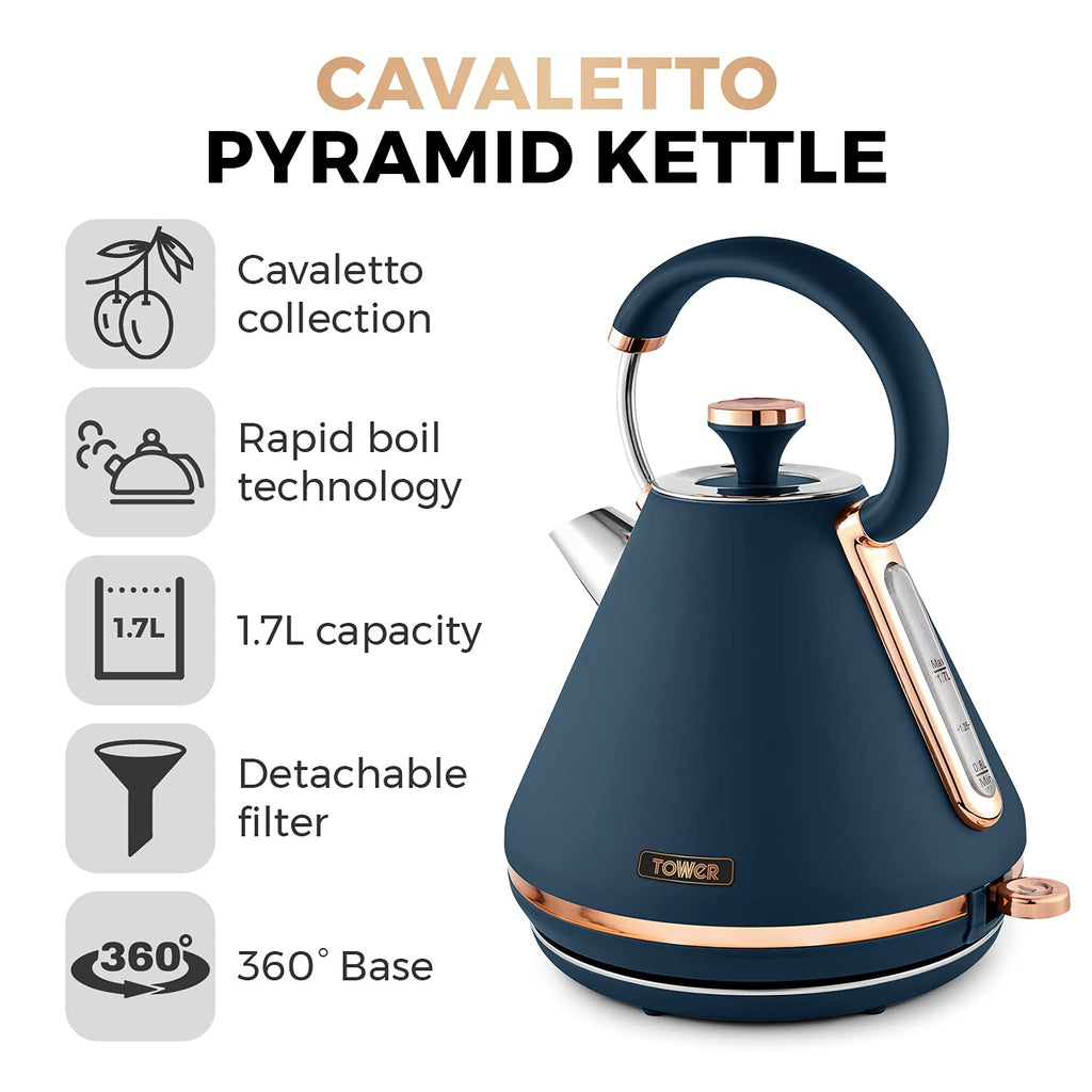 Tower Cavaletto Pyramid Kettle | 1.7L Rapid Boil | Midnight Blue & Rose Gold