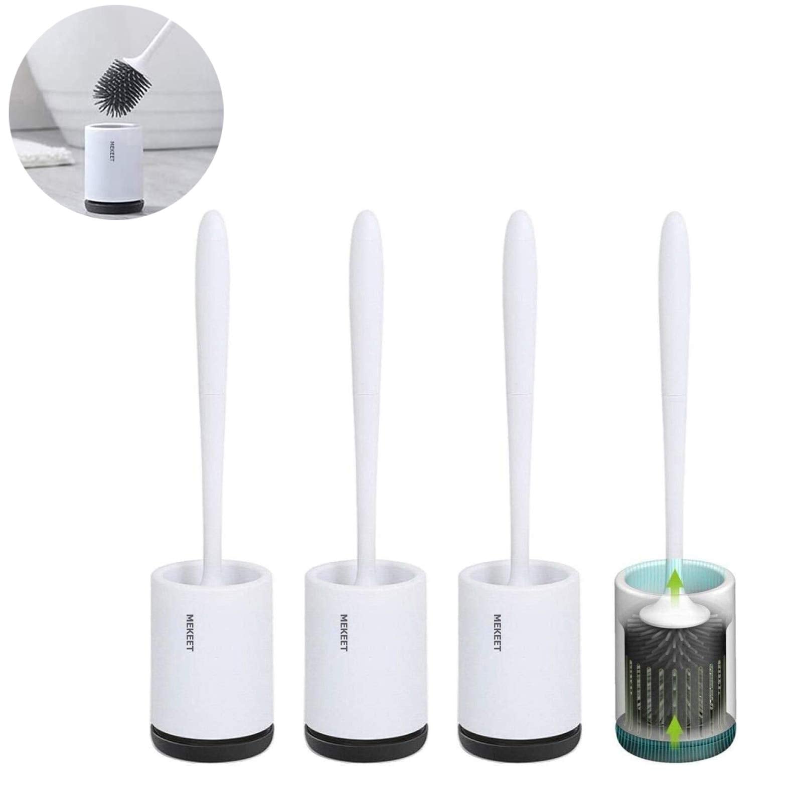 MEKEET Silicone Toilet Brush and Holder Set - 3 Pack, White TPR Bristles