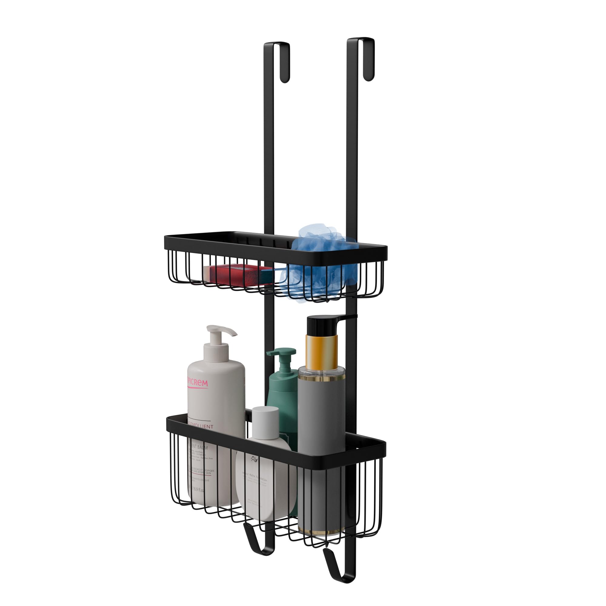 Amig Hanging Shower Shelf – 2-Tier Stainless Steel No-Drill Organizer, Black