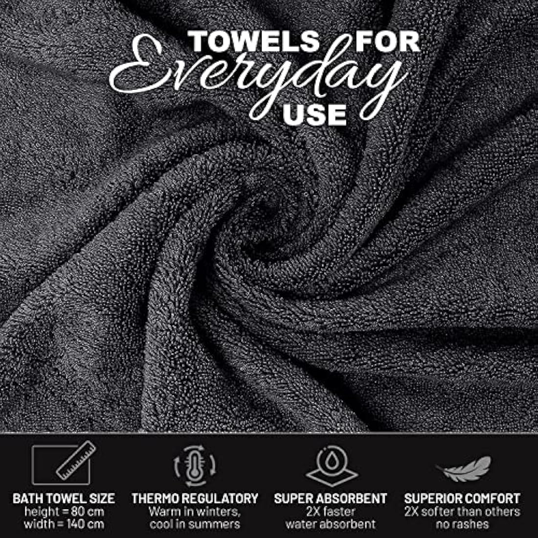 Egyptian Cotton Bath Towels - 4 Pack Soft Absorbent Black