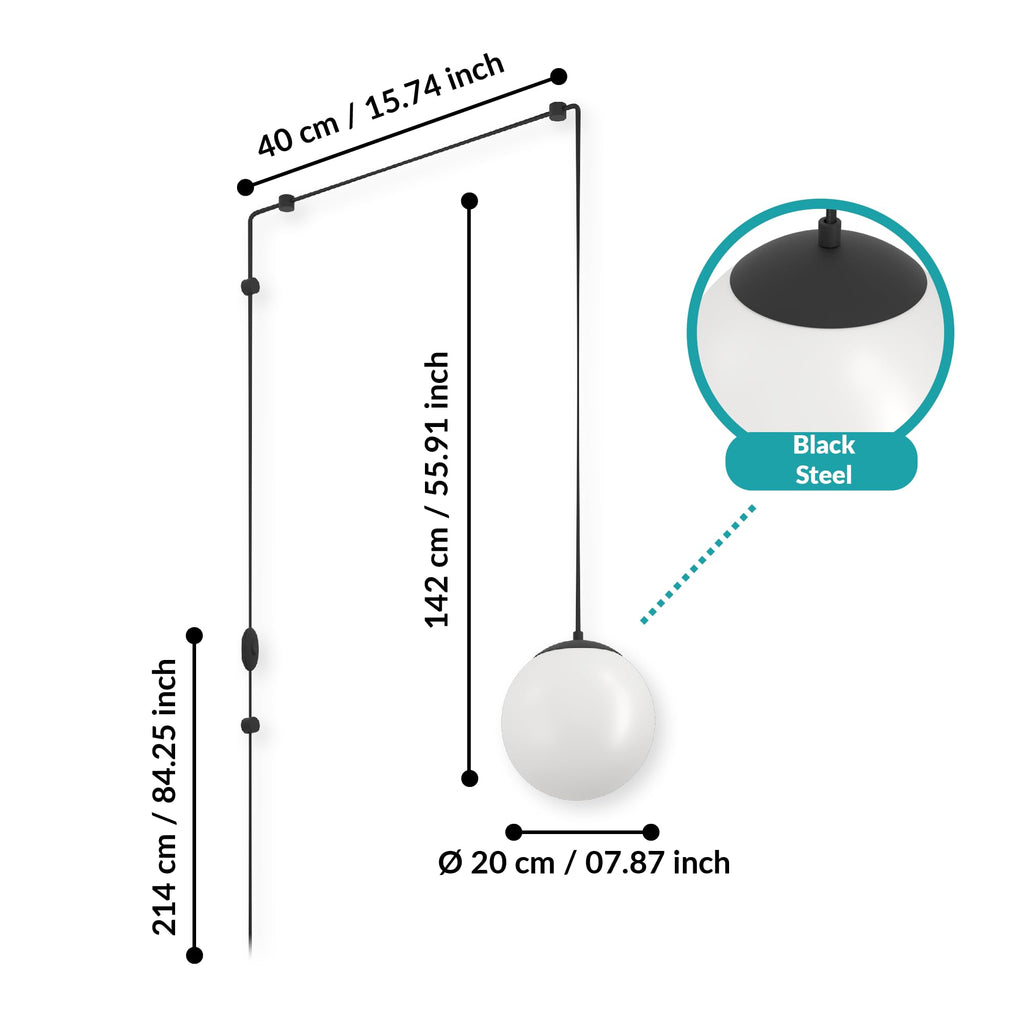 Eglo Rondo 3 Plug-In Pendant Lamp | Black Metal & White Opal Glass E27