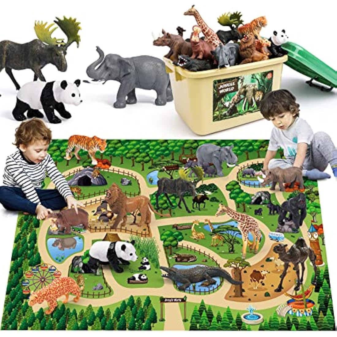 FRUSE Safari Animals Playset with Jumbo Play Mat - 12 Realistic Figurines