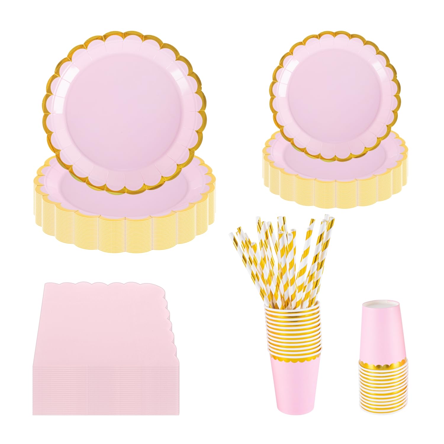 PHUNAT 125-Piece Pink and Gold Floral Party Tableware Set for 25 Guests