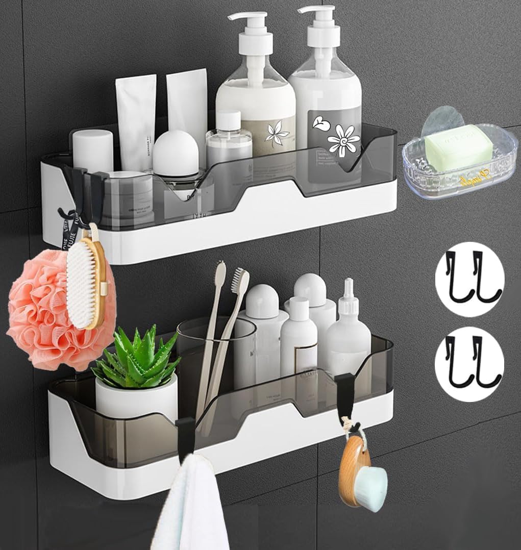 EigPluy Set of 2 No-Drilling Bathroom Shelves | Wall Mounted Plastic Baskets