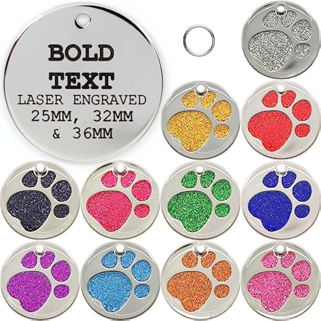 Personalized Glitter Paw Print Pet ID Tag - Black, 32mm