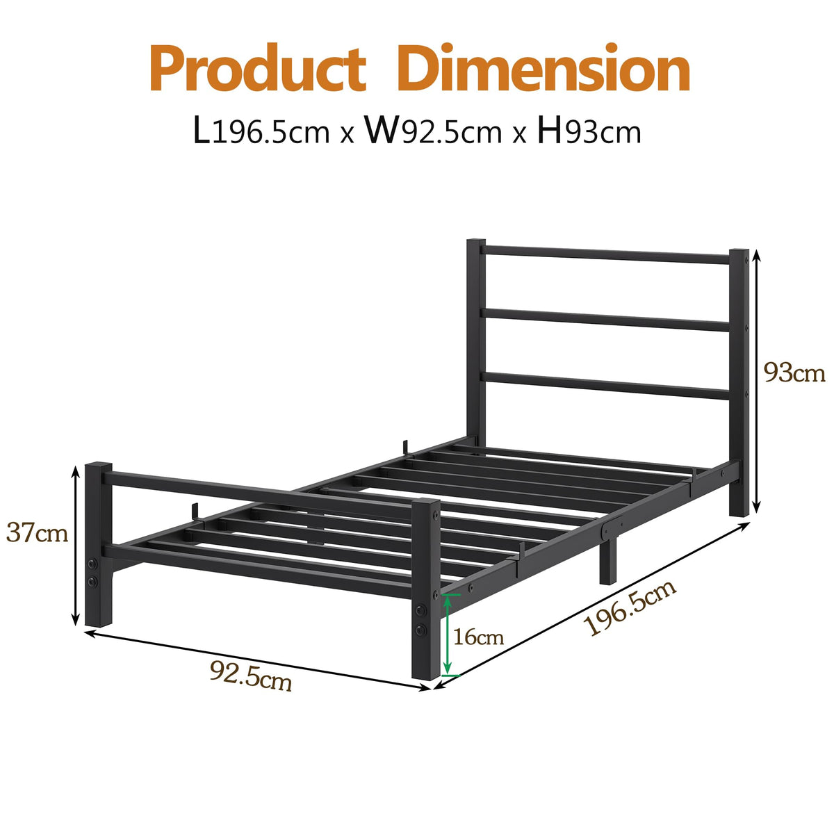 HAHRIR 16cm Low Profile 3ft Single Bed Frame with Metal Headboard, Black - image 3