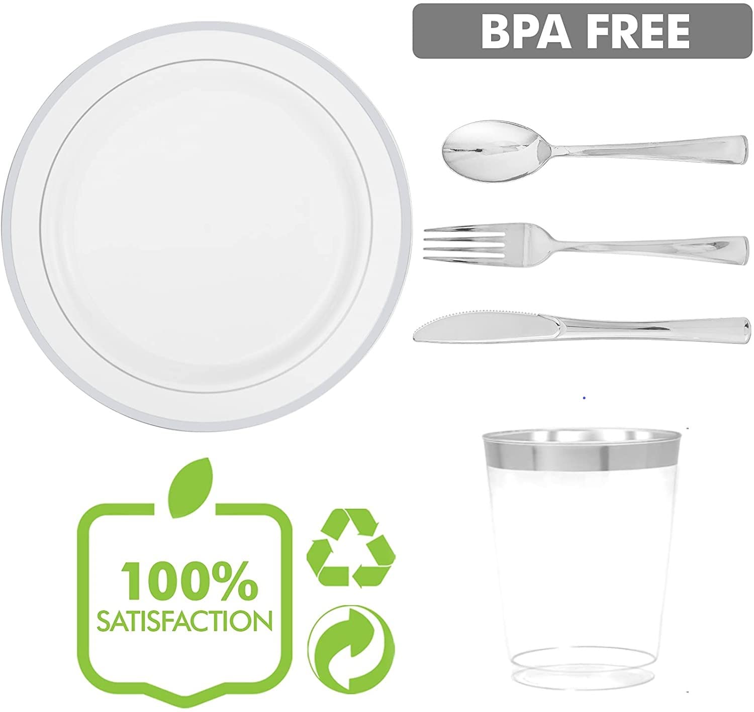 LATERN 150-Piece Silver Rim Plastic Dinnerware Set – Reusable Party Supplies