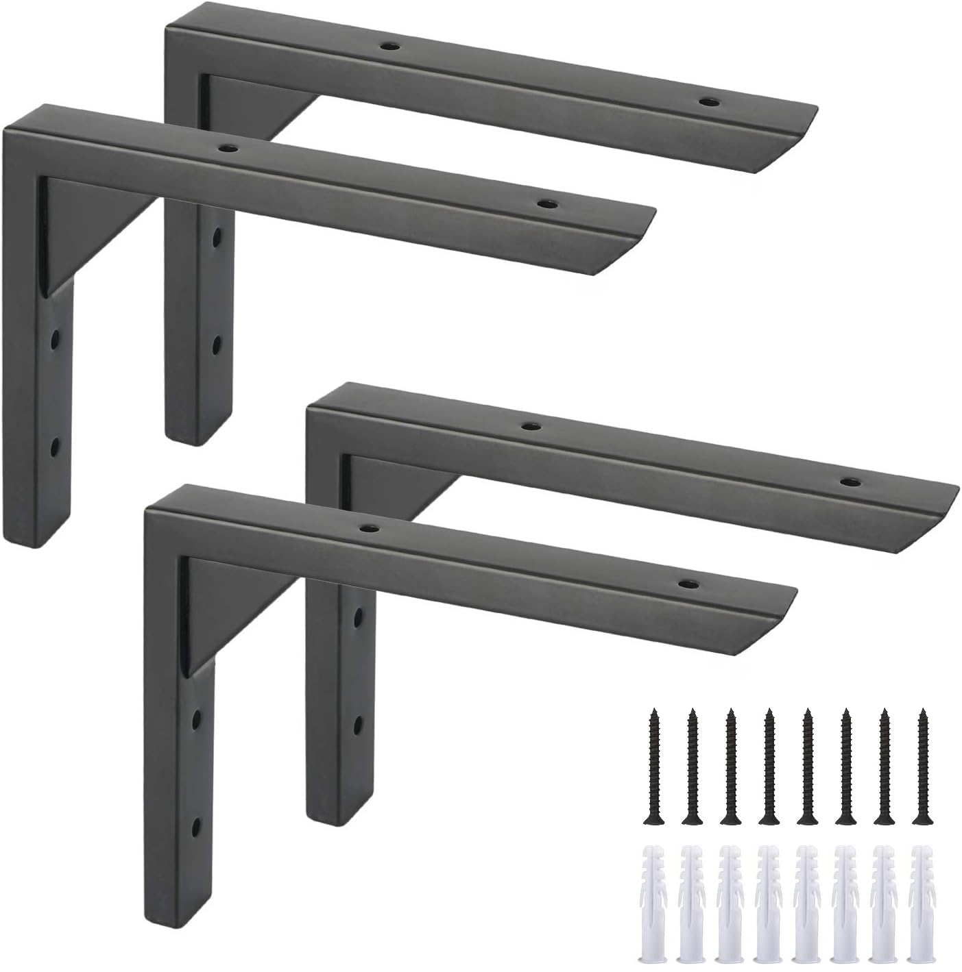 Ouvin 8 Inch Heavy Duty Shelf Brackets | Black Iron Wall Mount 4 Pack